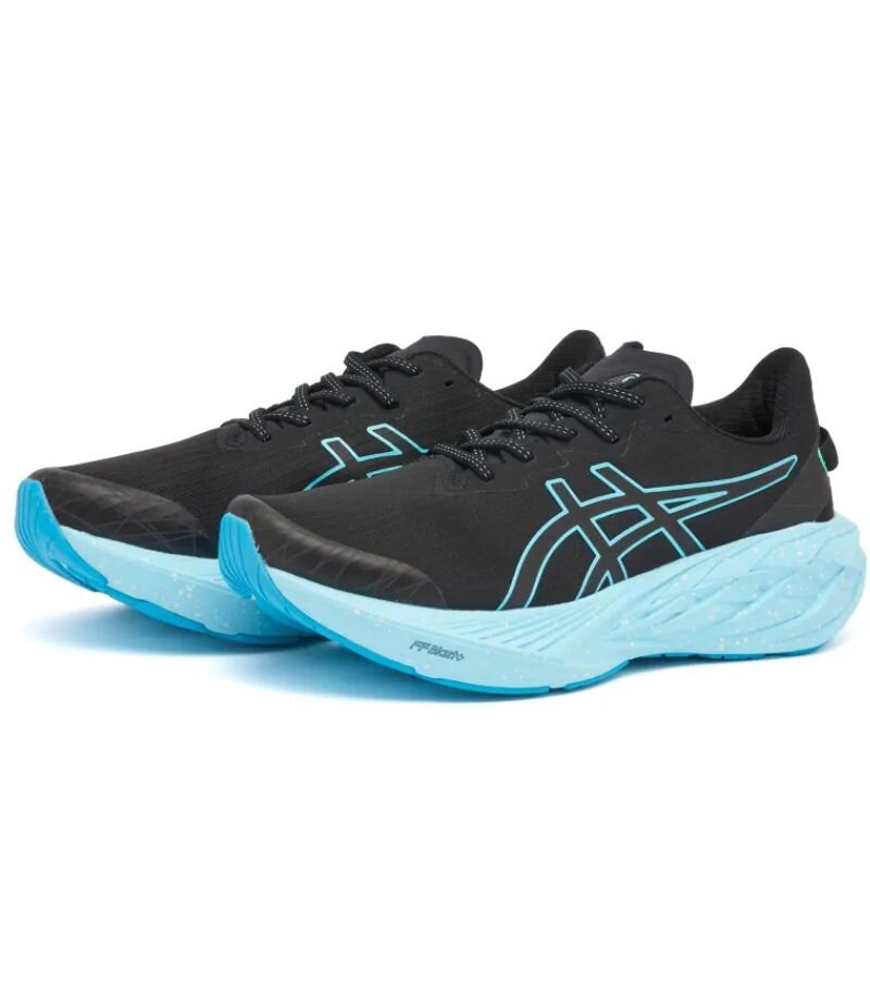 asics novablast 4 trainers in black with light blue sole and details 